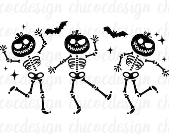 Archivos svg PNG de cabeza de calabaza de esqueletos danzantes para cricut, svg de esqueletos danzantes, svg de esqueletos de Halloween, svg de Halloween danzante, svg de esqueletos