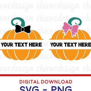Könnte beinhalten: Zwei orangefarbene Kürbisdesigns mit grünen Stielen. Einer hat eine schwarze Schleife, der andere eine rosa Schleife. Jeder hat ein Textfeld mit der Aufschrift "YOUR TEXT HERE". Der Text "DIGITALER DOWNLOAD SVG - PNG" ist ebenfalls enthalten.