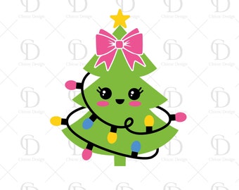 Kawaii Christmas Tree Girl with Lights Svg png