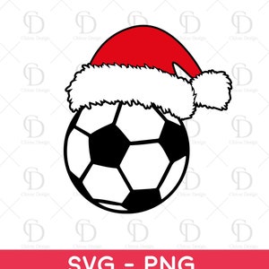 Peut inclure: Un ballon de football noir et blanc portant un bonnet de Père Noël rouge et blanc.