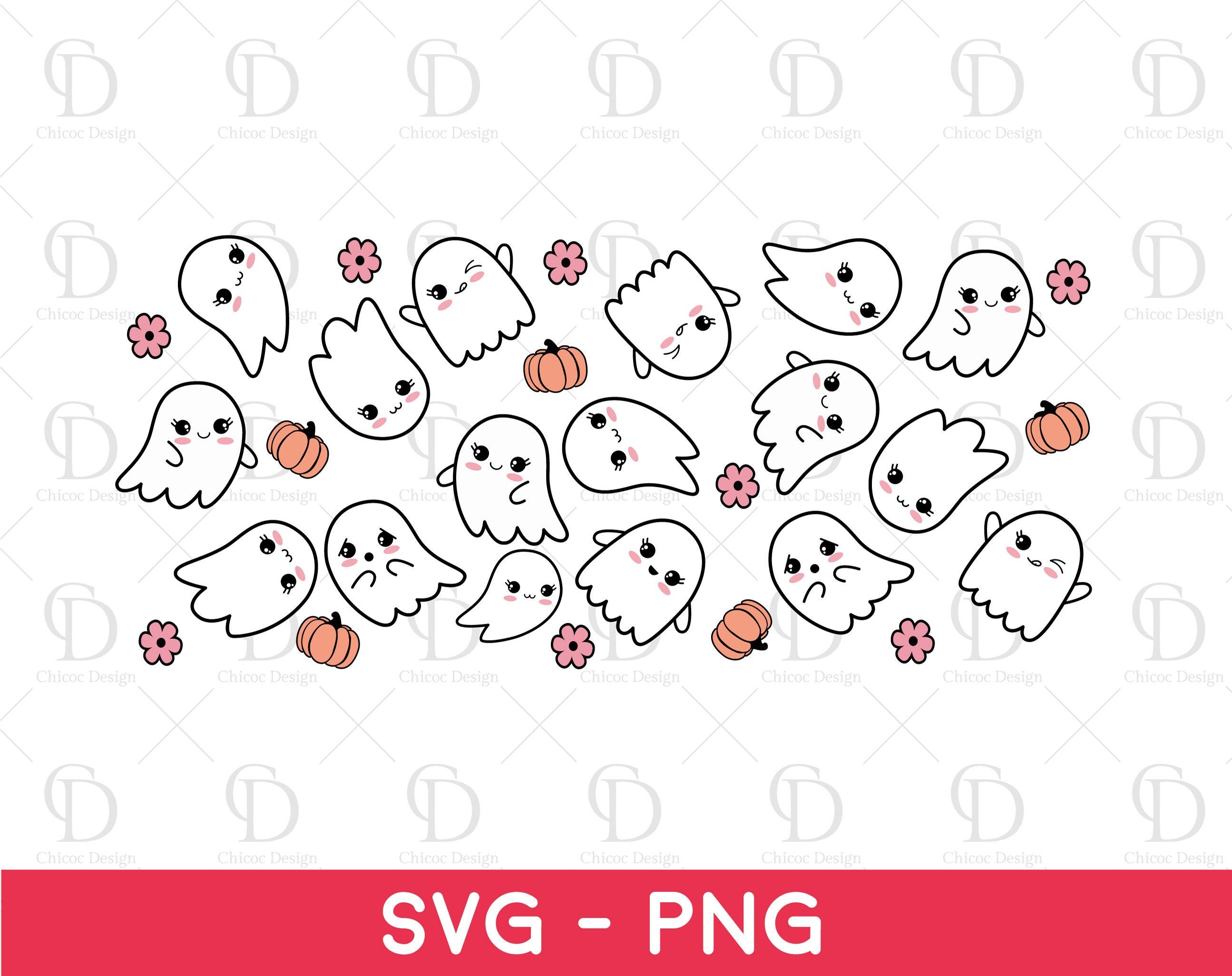Cute Ghosts Retro Can Glass Wrap Svg ,kawaii Ghosts Faces for 16oz ...