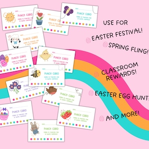 May include: A set of ten colorful punch cards featuring various spring-themed illustrations, such as a sun, a flower pot, a lamb, a chick, a bee, a bird, a basket of eggs, a bunny, and strawberries. Each card has the text "Punch Card" and "Earn 10 punches for a sweet surprise!" printed on it.