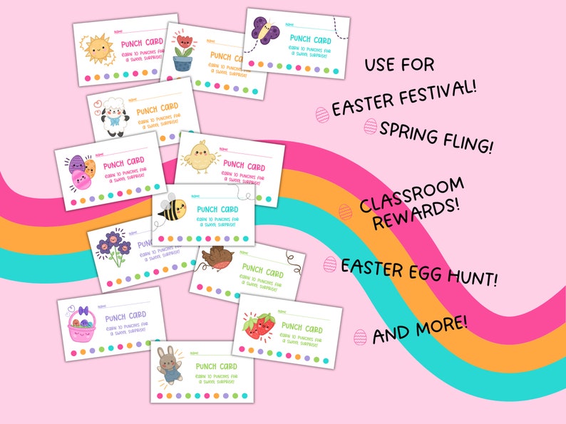 May include: A set of ten colorful punch cards featuring various spring-themed illustrations, such as a sun, a flower pot, a lamb, a chick, a bee, a bird, a basket of eggs, a bunny, and strawberries. Each card has the text "Punch Card" and "Earn 10 punches for a sweet surprise!" printed on it.