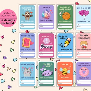 Printable Valentine Cards for Kids-INSTANT DOWNLOAD, 12 Valentine&#39;s Day Cards, Cute Valentine&#39;s Day Cards for Kids