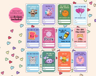 Niedliche Kinder Valentinstag Karten, 12 Designs (Digitaler Download)