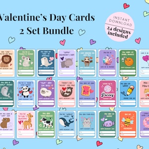 24 Printable Valentine Cards for Kids-INSTANT DOWNLOAD, 24 Valentine&#39;s Day Cards, Animal Valentine Cards, Cute Valentine Cards
