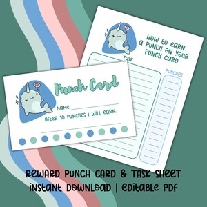 Carte perforée modifiable pour les enfants, carte perforée imprimable, système de récompense imprimable, système de récompense en classe, carte perforée de récompense narval