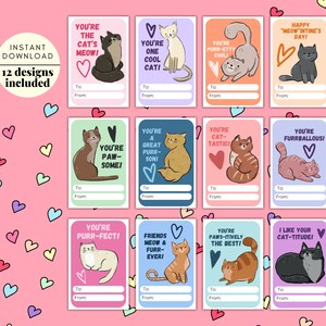 Cat Themed Printable Valentine Cards for Kids-INSTANT DOWNLOAD, 12 Valentine&#39;s Day Cards, Cute  Valentine Cards for Kids