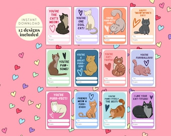 Katzen Valentinstag Karten für Kinder, 12 Designs (Digitaler Download)