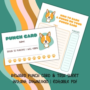 Carte perforée modifiable pour les enfants, carte perforée imprimable, système de récompense imprimable, système de récompense de salle de classe, carte perforée de récompense de chiot mignon