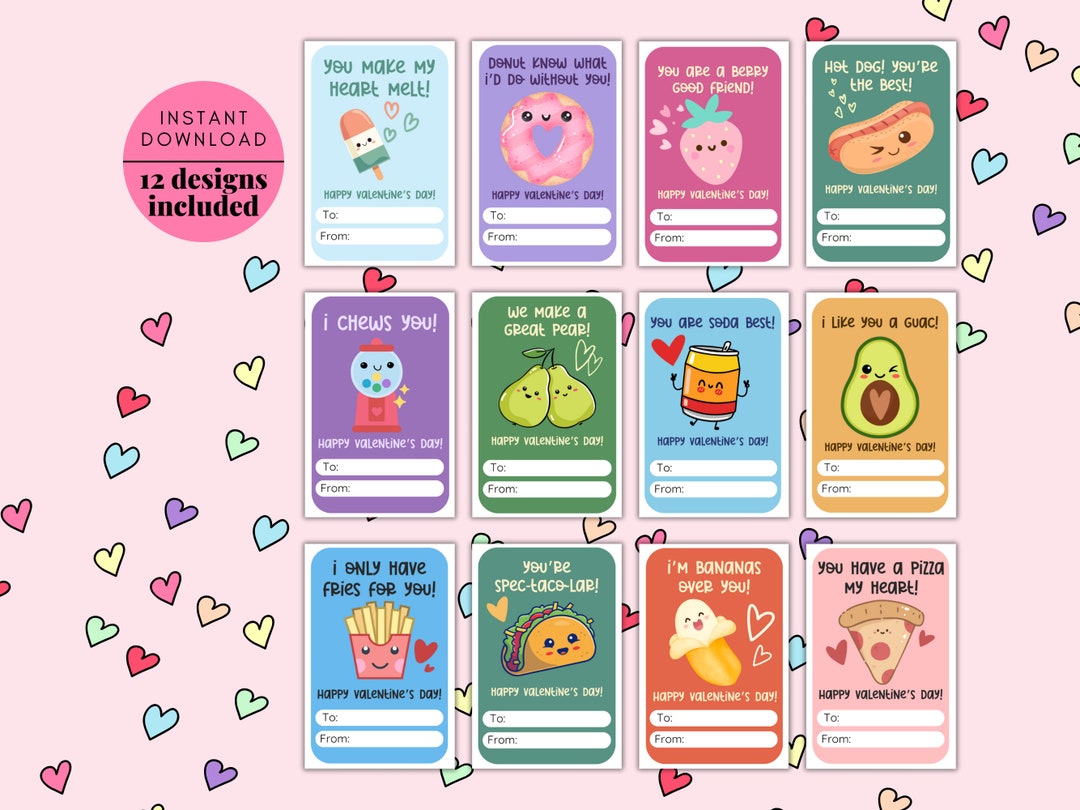 Food Themed Printable Valentine Cards For Kids instant DOWNLOAD 12 Valentine s Day Cards Cute