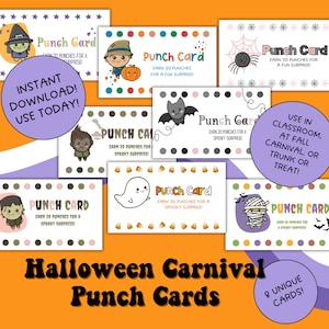 ハロウィンカーニバルパンチカード、教室の報酬カード、トランク・オア・トリートの賞品カード、秋祭りのパンチカード、即時ダウンロード