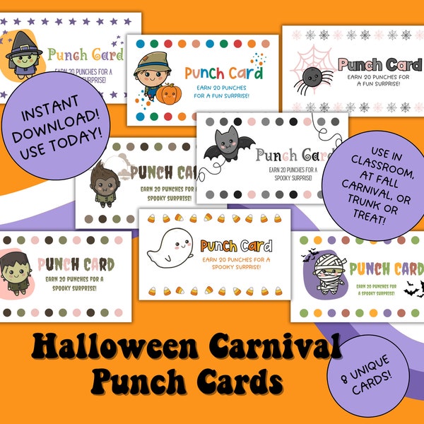 Halloween Carnival Punch Cards, Classroom Reward Cards, Trunk or Treat Prize Card, Fall Festival Punch Cards, INSTANT DOWNLOAD