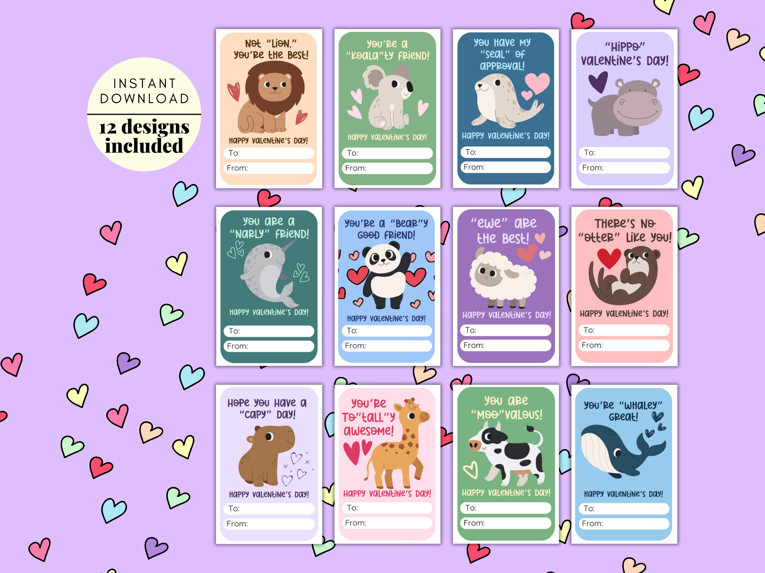Cute Printable Valentine Cards for Kidsinstant DOWNLOAD, 12 Valentine
