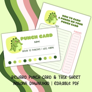 Bearbeitbare Lochkarte für Kinder, druckbare Lochkarte, druckbares Belohnungssystem, Klassenzimmer Belohnungssystem, niedliche Dinosaurier Belohnungslochkarte