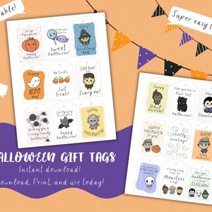 Halloween Gift Tags, Halloween Favor Tags, Spooky Tags, Treat Bag Tags, Ghost, Witch, Skeleton, Monster, Spider, Black Cat, INSTANT DOWNLOAD