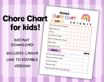 Bearbeitbare Kids Chore Chart: Verantwortung & Routine (Digitaler Download)