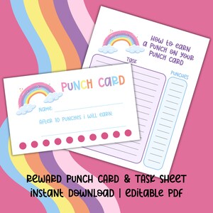 Carte perforée modifiable pour les enfants, carte perforée imprimable, système de récompense imprimable, système de récompense en classe, jolie carte perforée de récompense arc-en-ciel