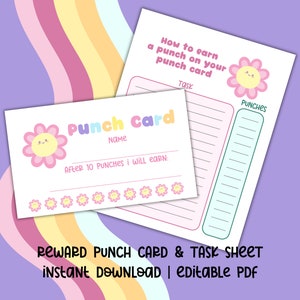 Carte perforée modifiable pour les enfants, carte perforée imprimable, système de récompense imprimable, système de récompense de salle de classe, carte perforée de récompense de fleur mignonne