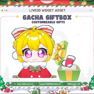 Puede incluir: Gráfico festivo con un personaje de dibujos animados con cabello amarillo y ojos morados grandes, que lleva un abrigo rojo y un lazo. El texto dice "GACHA GIFTBOX CUSTOMIZABLE GIFTS". También se muestra una caja de regalo verde con un lazo y un calcetín navideño.