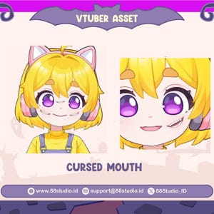 May include: A digital asset for a VTuber featuring a cartoon character with yellow hair, purple eyes, and a yellow shirt. The character has cat ears and headphones. The text "CURSED MOUTH" is displayed below the image.
