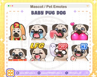 Pug Dog Emotes - Mascot Emotes Regular / Static Pet Twitch Emotes for Twitch, Discord, Youtube by 88 Studio