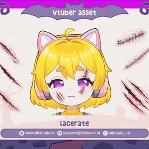 Może przedstawiać: Cyfrowy zasób dla VTuber z postacią z kreskówki z żółtymi włosami, kocimi uszami i fioletowymi oczami. Postać ma rany szarpane i szwy. Słowo "lacerate" jest wyświetlane poniżej.