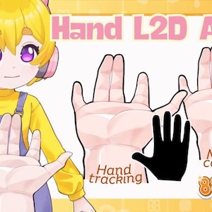 May include: An illustration featuring a cartoon character with yellow hair and purple eyes, wearing a yellow shirt and blue overalls. The image includes the text "Hand L2D Asset", hand tracking, and mouse control.