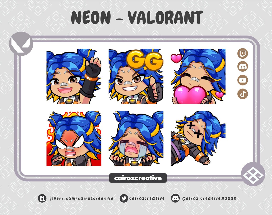 Neon Valorant Twitch Emotes, Chibi Neon Valorant Agent Twitch Emotes, Cute Neon Twitch Emotes