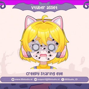 May include: Digital illustration of a cartoon character with yellow hair and multiple eyes. The character wears pink cat ear headphones and a yellow shirt. The text "creepy staring eye" is displayed below the character.