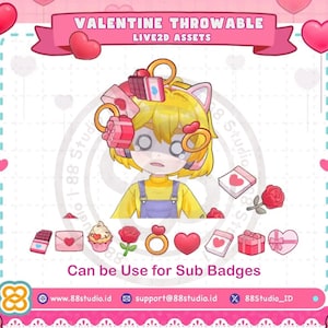 Puede incluir: Una ilustración digital con un personaje de dibujos animados con cabello amarillo y orejas de gato, rodeado de gráficos temáticos de San Valentín. La imagen incluye corazones, regalos y el texto "VALENTINE THROWABLE LIVE2D ASSETS".