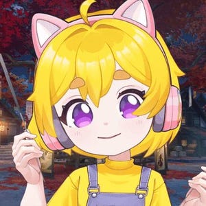 May include: A cartoon character with yellow hair, purple eyes, and cat ear headphones. The character wears a yellow shirt and overalls. The background features a Japanese-style street scene with red autumn foliage and lanterns.
