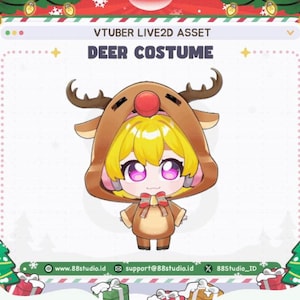 May include: A digital illustration of a character in a deer costume. The character has yellow hair, large purple eyes, and a brown deer hood with antlers and a red nose. The text "VTUBER LIVE2D ASSET DEER COSTUME" is displayed.