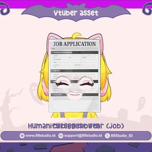 Może przedstawiać: Cyfrowa ilustracja przedstawiająca postać z kreskówki z żółtymi włosami i kocimi uszami, trzymającą podanie o pracę. Tło ma motyw Halloween z nietoperzami, drzewami i kotłem. Tekst zawiera "Vtuber asset" i "Job Application".