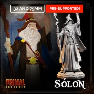 May include: A 32mm and 75mm pre-supported miniature of a wizard with a long white beard, holding a staff, wearing a robe and a hat. The miniature is called "SÓLON".