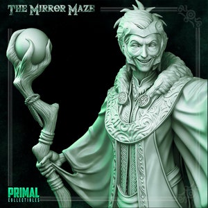 May include: A detailed, gray, 3D printed miniature of a character with a mischievous grin, wearing a long, ornate robe and holding a staff with a sphere on top. The text "THE MIRROR MAZE" is visible at the top of the image.