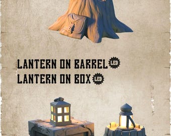 Lantern on Barrel/Crate/Stump-Moonshine Miniatures-3D Printed Resin Tabletop RPG/Fantasy Gaming LED Terrain