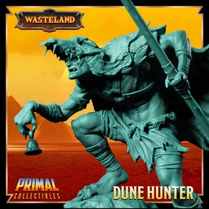 May include: A teal green plastic miniature figurine of a Dune Hunter from the Wasteland game. The figure is holding a spear and a bell. The figure is standing on a rocky base.