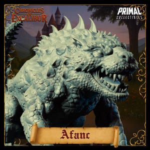 May include: A detailed, light blue Afanc figurine from the Chronicles of Excalibur collection. The creature has a reptilian appearance with sharp teeth, spiky protrusions, and a textured, scaled body. The Primal Collectibles logo is visible.