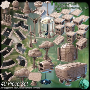 May include: A collection of 40 miniature landscape pieces in a neutral color, including roads, buildings, trees, and futuristic structures. The set includes a variety of shapes and sizes, perfect for creating a detailed diorama or tabletop game environment.