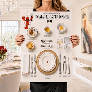 Peut inclure: Une affiche intitulée Place Settings for a Formal Lobster Dinner présentant des illustrations d'un homard, d'un nœud papillon et divers articles de table, notamment une assiette à pain, du beurre, un plat à citron et des couverts.