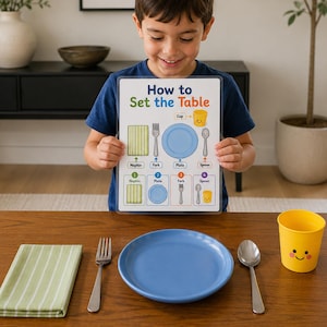以下が含まれることがあります： How to Set the Tableと書かれたラミネート加工の学習用チャート。緑のストライプのナプキン、銀色のフォーク、青い皿、銀色のスプーン、笑顔が描かれた黄色いカップのイラストが、実際のテーブルセッティングと共に示されています。