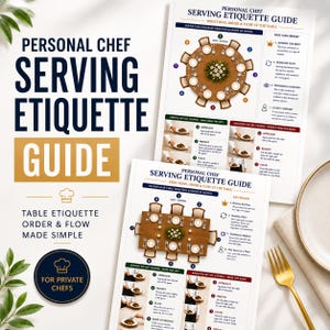 May include: A guide titled "Personal Chef Serving Etiquette Guide" with diagrams and instructions for table settings and service. The guide includes illustrations of round and rectangular table layouts, with text explaining order and flow.
