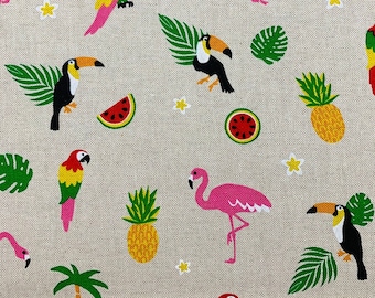 Dekostoff Tropical, beiger Leinenlook, sommerlicher Dekostoff, Nähen, Palmen Flamingos, selber machen, Kissenstoff, Beutel, Ananas,