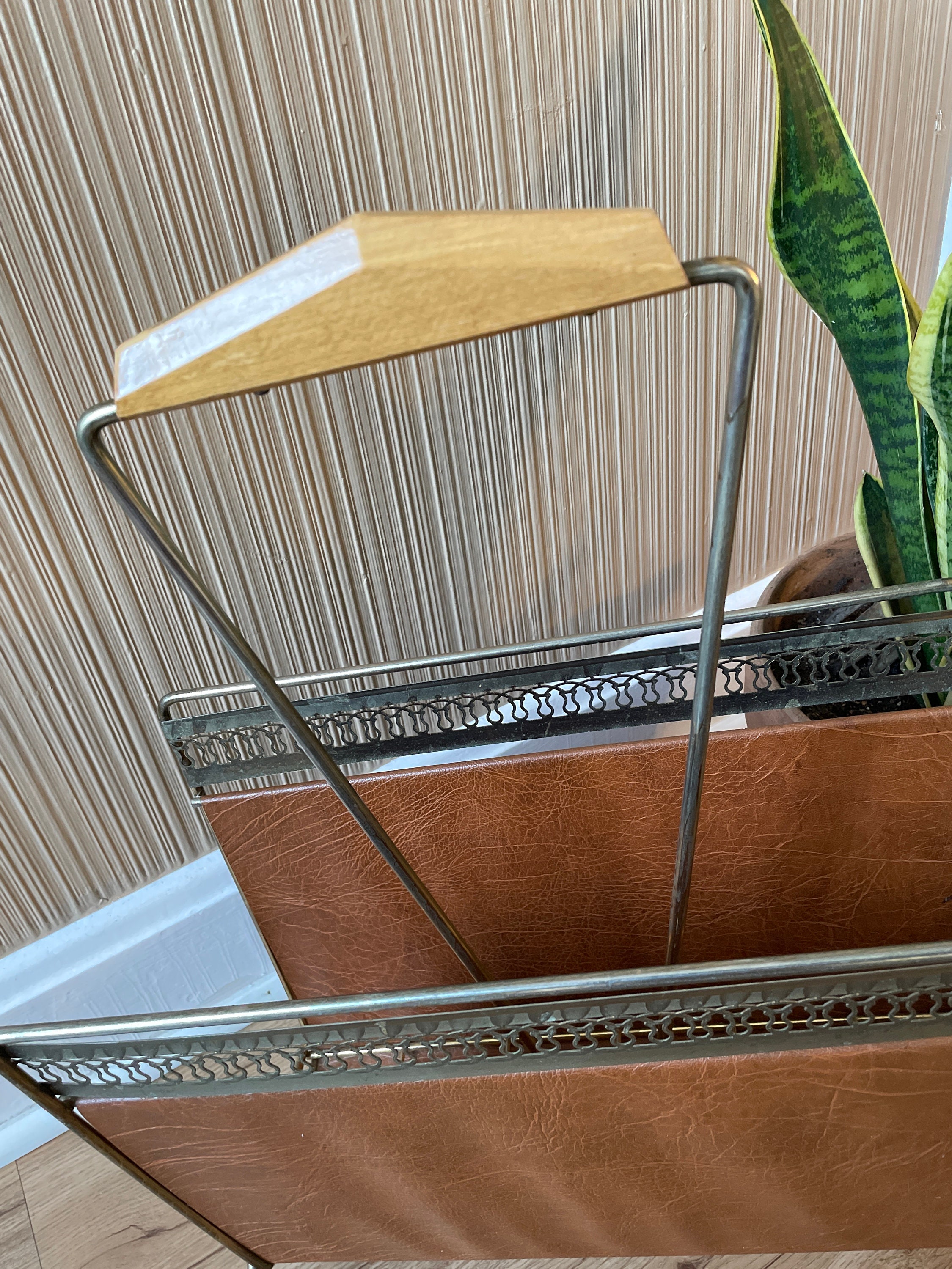 Show Rack Mcm Design Mid Century MCM Wood Metal and Brown Faux Leather Magazine Newspaper ...