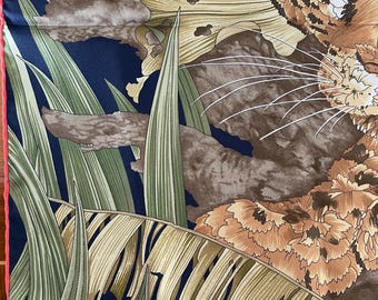 Classic Salvatore Ferragamo 100% Silk Scarf With Jaguar in