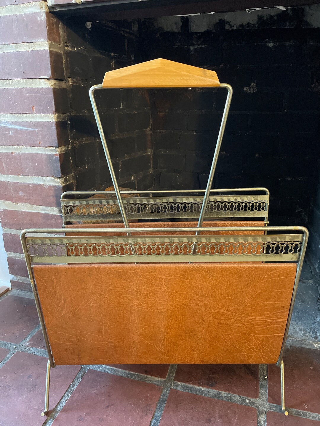 Show Rack Mcm Design Mid Century MCM Wood Metal and Brown Faux Leather Magazine Newspaper ...