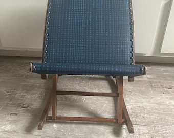 Vintage Rocking Wood and Pleather Footrest Stool from Germany Folding for Storage Foot Ottoman Blue Plaid Plastic Leather