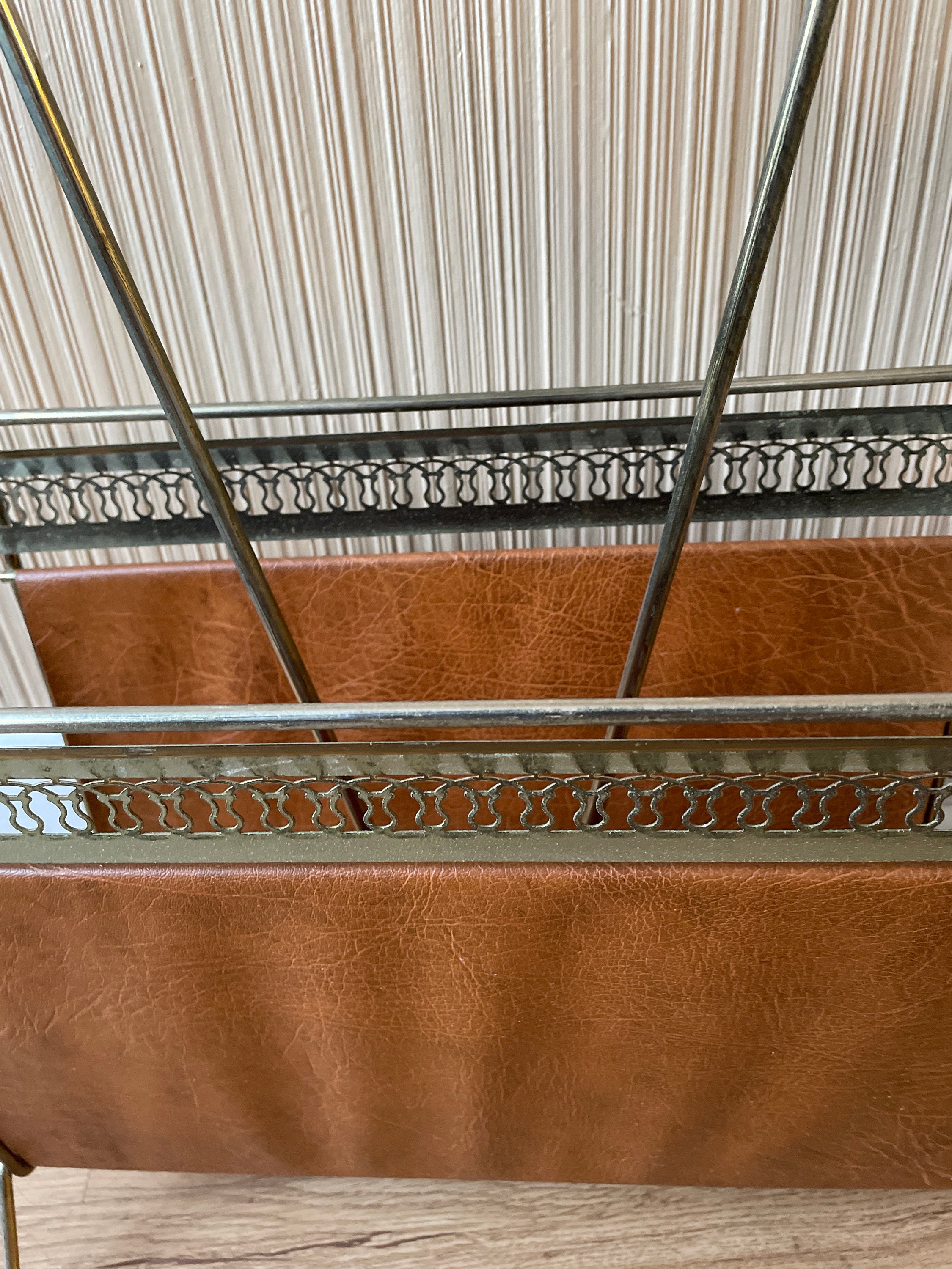 Cloths Rack Mcm Mid Century MCM Wood Metal and Brown Faux Leather Magazine Newspaper ...