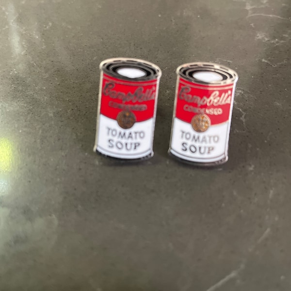 Vintage 1993 Andy Warhol Inspired Pop Art Campbell’s Tomato Soup Can Post Earrings Acme Studios Red White Enamel with Silver Tone